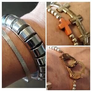 LOT OF 5 Bracelets: Silver Bangles , Stretchy Stone Crosses & Beaded Handcuffs 